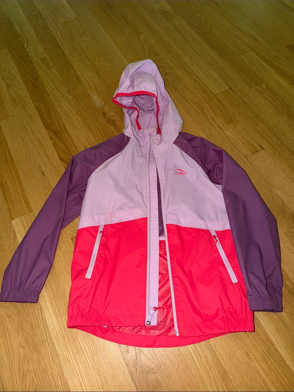 L.L. Bean Girls' Colorblock Hooded Raincoat in Light Pink, Hot Pink & Purple